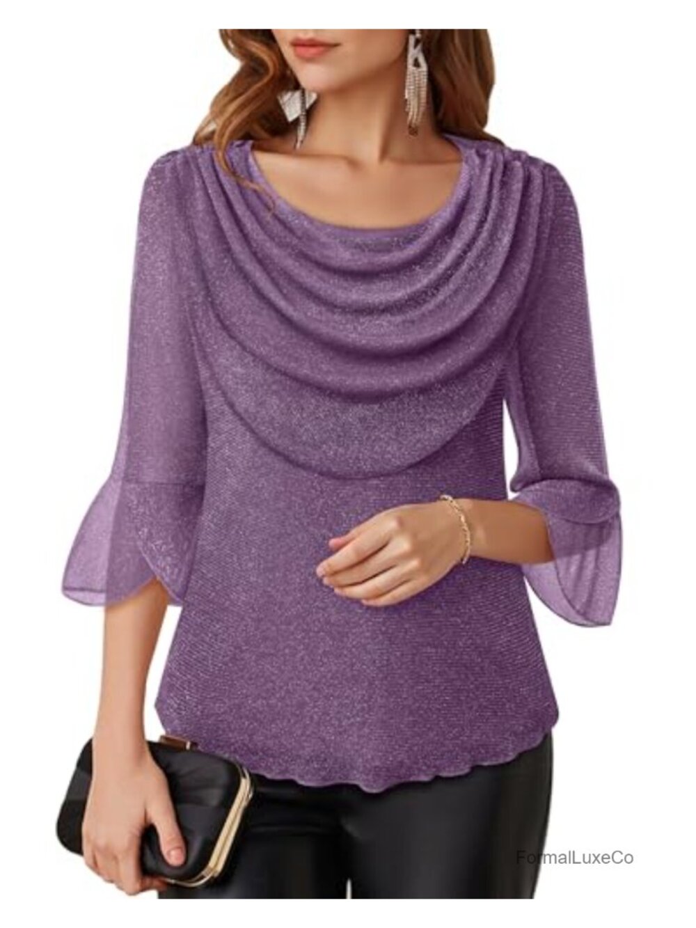Women's Dressy Blouse 3/4 Sleeve Cowl Neck Evening Top